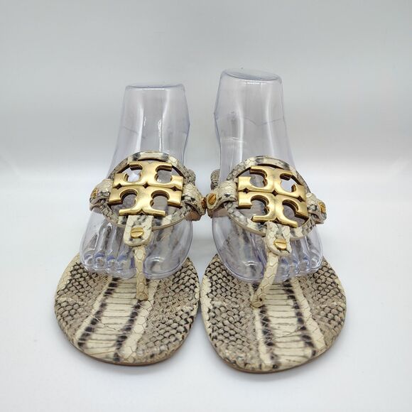 Tory Burch Metal Miller Snakeskin Print Thong Sandals Golden Medallion Logo 6.5 - Picture 1 of 8